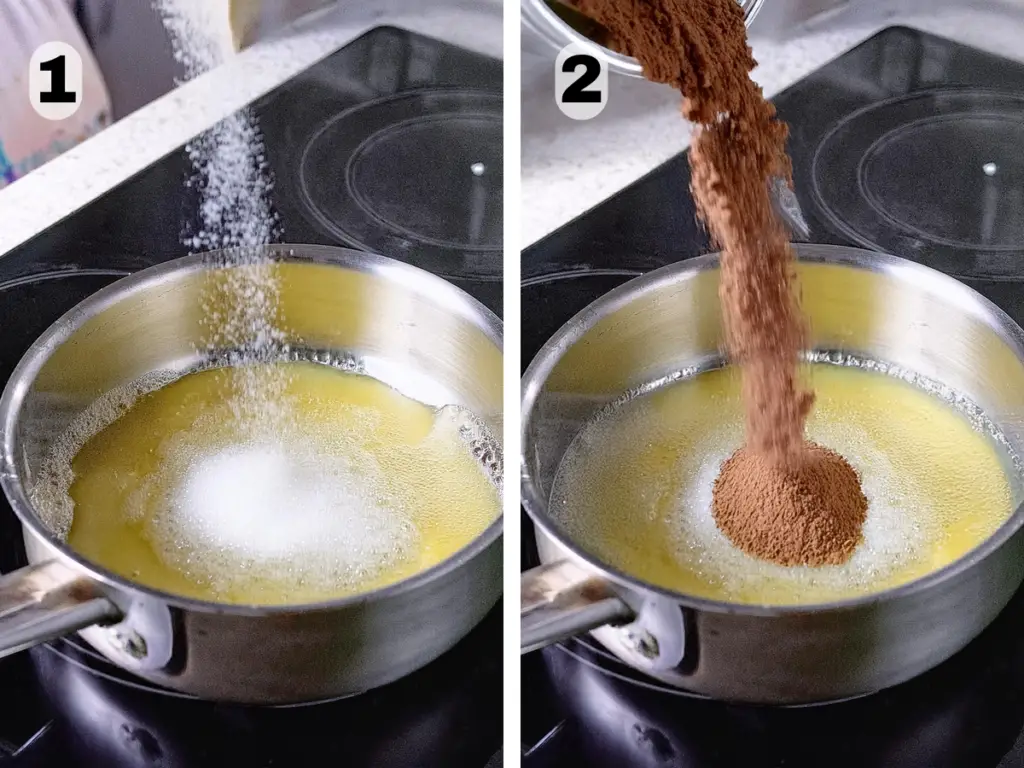 Mixing the batter for easy brownie bites in a saucepan