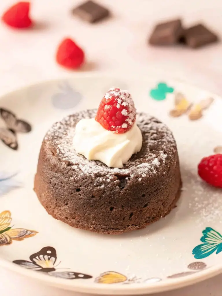 Chocolate lava cake topped with whipped cream, a raspberry, and powdered sugar, served on a decorative plate